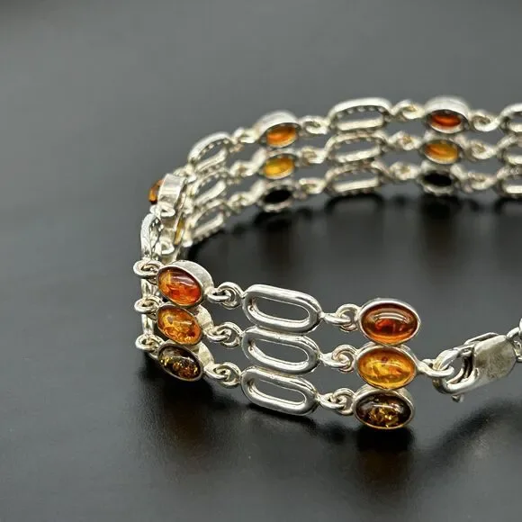 Baltic Amber & Sterling Silver 925 Tri Color Triple Strand Bracelet 7.5in - Picture 3 of 13